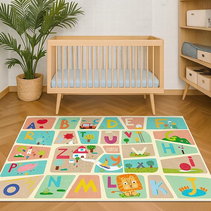3x5 Preschool Alphabet Rug for Toddlers – Soft ABC Play Mat for Baby Learning, Educational Nursery Rug for Crawling, Reading Nook or Small Playroom – Cute Pastel Beige and Blue Letters Décor