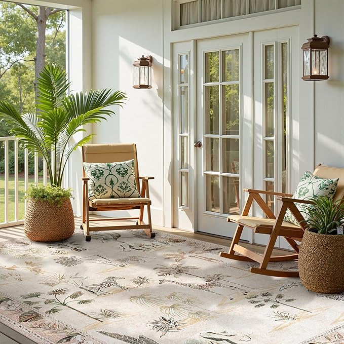 jinchan Jungle 8x10 Beige Animals Print Living Room Rug, Machine Washable Soft Ultra-Thin Non-Slip Area Rug, Throw Carpet for Bedroom Kids Playroom Dining Room Courtyard (8'x10', Beige)