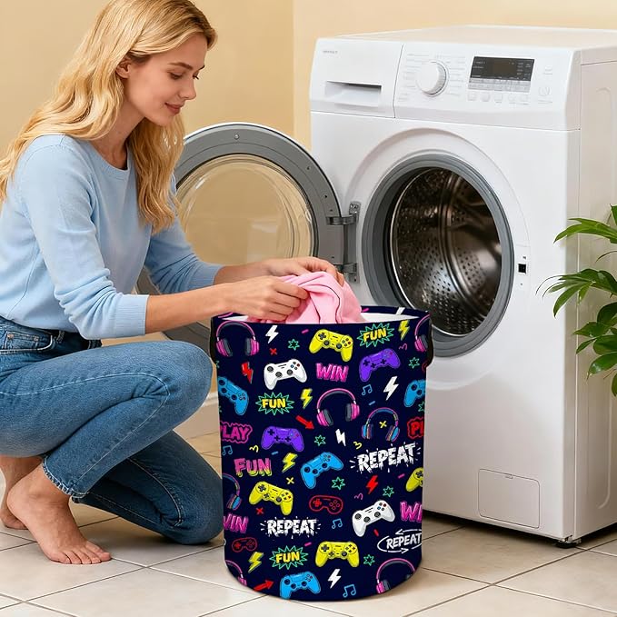 Game Laundry Hamper Boy Baby, Waterproof Laundry Basket for Bedroom, Round Collapsible Storage Bin with Handles for Toys, Nursery Hamper Storage Basket for Bathroom, Game Room Decor, 13.8x17.7in