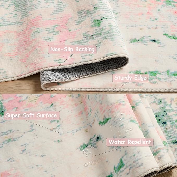 5x7 Washable Area Rugs Green and Pink Rug for Bedroom Girls Soft Boho Vintage Floor Carpet Non-Slip Oriental Rug for Bedside Nursery Living Room Dinning Room