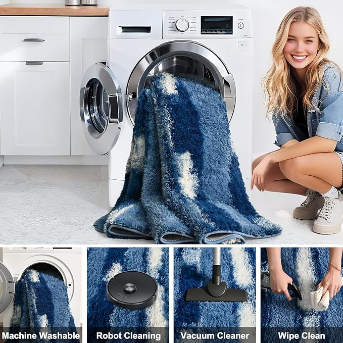 4x6 Feet Area Rugs for Living Room Bedroom,Blue and White Machine Washable Soft Fluffy Shaggy Indoor Rug, Floor Carpet for Girls Boys Kids, Dorms, Nursery Rooms, Home Decor Aesthetic