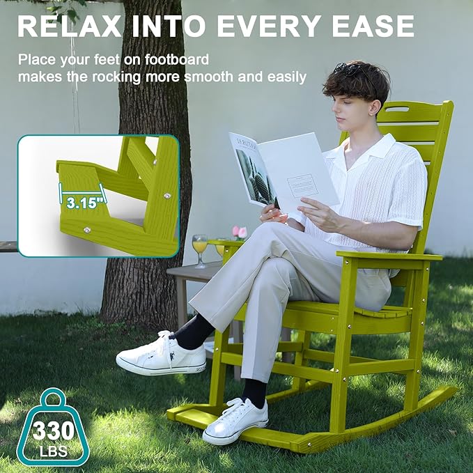 Outdoor Rocking Chair Set of 4 with Removable Footboard for Adults, HDPE High Back Patio Rocking Chairs, 330lbs All Weather Porch Rocking Chairs for Outdoor & Indoor -Pistachio Green