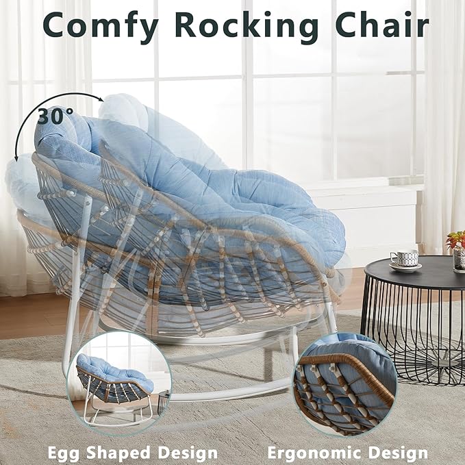 Oversized Outdoor Papasan Rocking Chair with Soft Cushion, Comfy Patio Egg Chair, Wicker Lounge Rocker for Balcony/Porch/Garden, Reinforced All Weather Rattan Frame, 330 lbs Support, Sky Blue
