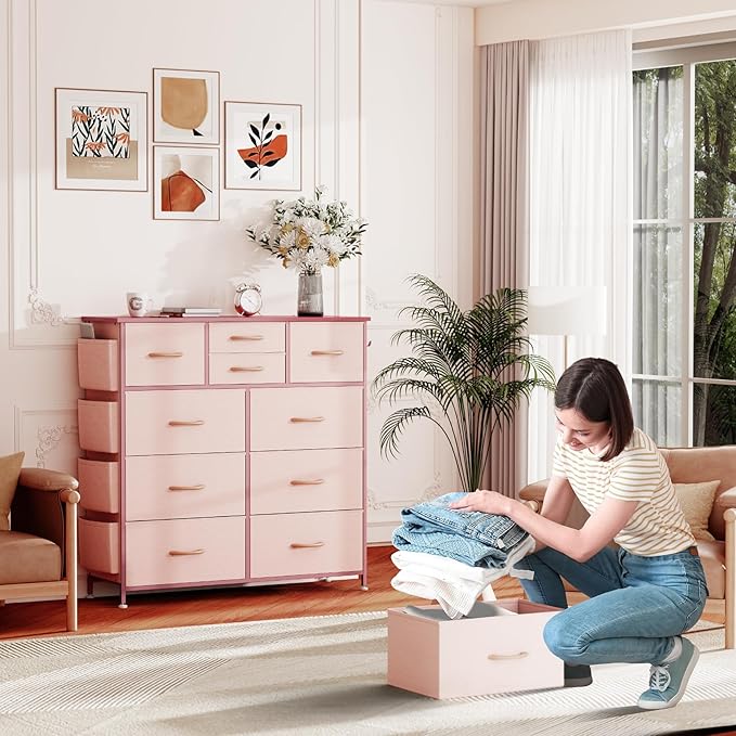 10 Drawer Dresser, Chest of Drawers for Bedroom, Fabric Dresser Drawers with Side Pockets, Hooks, Wooden Top and Sturdy Metal Frame for Living Room, Closet, Hallway (Pink)