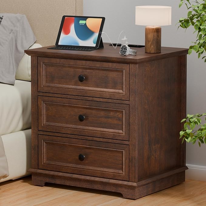 3 Drawer Dresser, Chest of Drawers with Charging Station, 24” Wide End Table with 3 Drawers, Modern Bedside Table with Storage, Wooden Small Dresser. (Cherry)