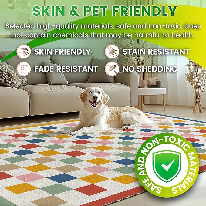 Washable 9x12 Checkered Area Rug for Living Room, Colorful Rainbow Checkerboard Modern Large Rugs, Ultra Thin Low Pile Lightweight Indoor Carpet with Non-Slip Backing for Bedroom Kids Nursery Playroom