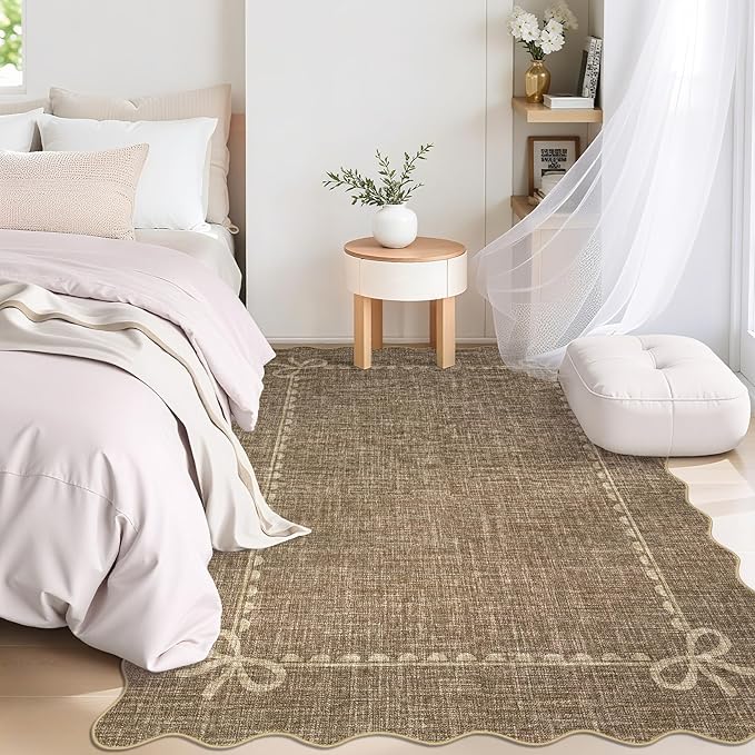 GarveeHome Scalloped Bow Rug for Living Room, Solid Brown Rug for Dorm, Washable Rugs 4x6 Soft Low Pile Non Slip Scalloped Rugs for Nursery College Bedroom Decor Kids Room Playroom