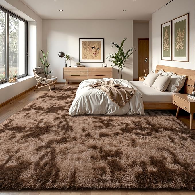 EVOIONOS Area Rug for Living Room Bedroom, Washable 7x10 Fluffy Shag Large Rug, Soft Plush Non Slip Carpet for Indoor Floor Bedside Nursery Kids Girls Room Dorm, Home Decor Aesthetic, Tie-Dyed Coffee