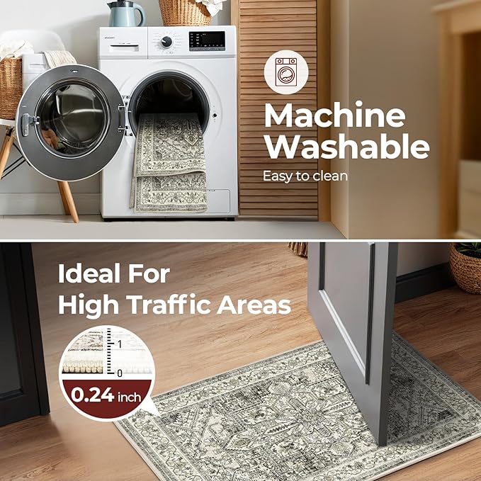 WITSHOCK Indoor Door Mat, Entrance Mat 2x3 Machine Washable Non Slip Backing Mat Soft Foldable,Vintage Rugs Mats, Inside Floor Mat Doormat, Brown Lvory