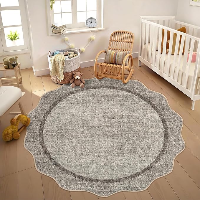 GarveeHome Scalloped Washable Round Rugs, Non-Slip Soft Round Rug 4 ft Ultra-Thin, Small Boho Circle Stain Resistant Low Pile Carpet for Entryway Kitchen Bedroom Nursery Bathroom, Brown