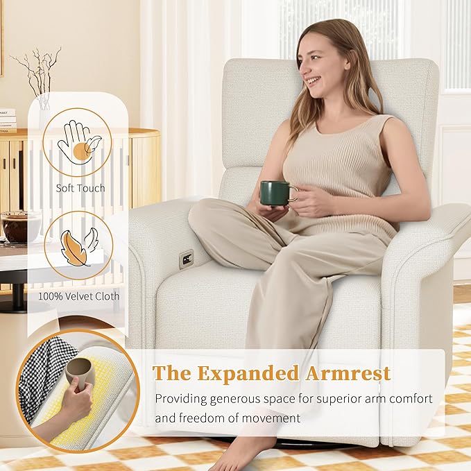 Power Swivel Rocker Recliner Chair for Nursery, Upholstered Snowflake Velvet 270°Swivel Glider Rocker Chair with USB Ports, Small Power Recliners for Small Spaces Living Room