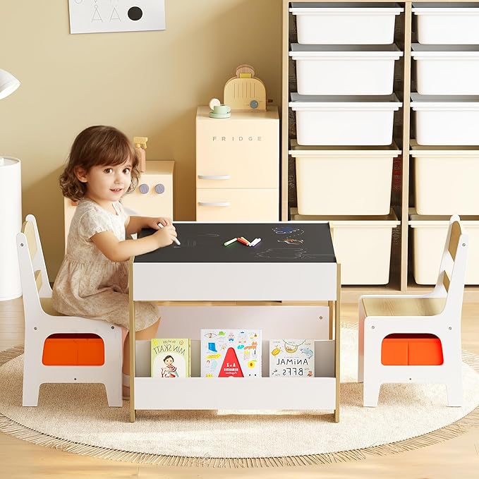 Kinder King Kids Wood Table & 2 Chairs Set, 4 in 1 Children Activity Table w/Double Bookcase, Blackboard, Toddler Furniture Set for Art, Crafts, Drawing, Reading, Playroom, Natural