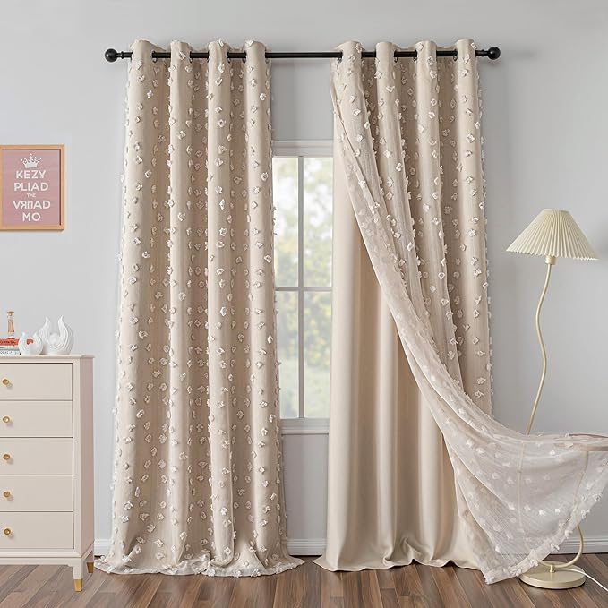 MYSKY HOME Beige Curtains for Bedroom 72 Inches Long Nursery Curtains Pom Pom Beige Sheer Curtains for Girls Room Double Layer for Toddler Bedroom Grommet Room Darkening Window Panels 52 x 72 Inch