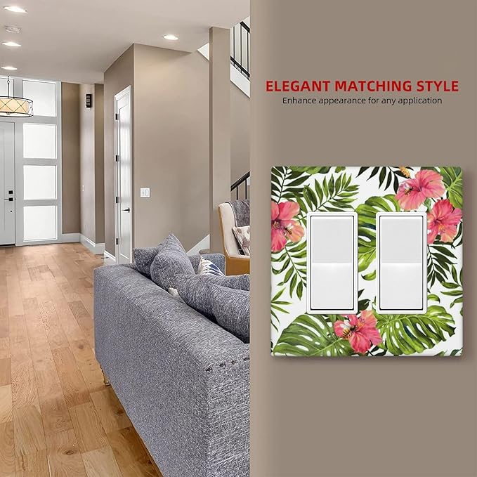Tropical Plant Green Palm 2 Gang Double Rocker/Decora Light Switch Cover Decorative Wallplate Banana Leaves Pink Flower Rainfores Jungle Botanical Gfci Electrical Faceplate Home Bedroom Art Decor