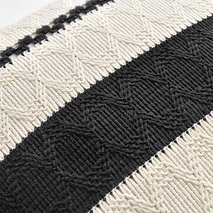 Fancy Homi Set of 2 Boho Black Decorative Throw Pillow Cover 22x22 Inch for Couch Bed Sofa, Aesthetic Modern Organic Farmhouse Home Decor, Soft Cotton Cute Accent Macrame Woven Cushion Case