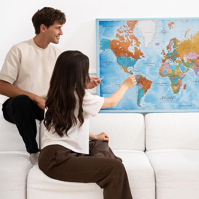 Canvas World Map with Cork Pin Board - English Lettering - Decorative Wall Decoration for All Rooms - Canvas Pictures with World Map Motif (70x50 cm, Pattern 21)