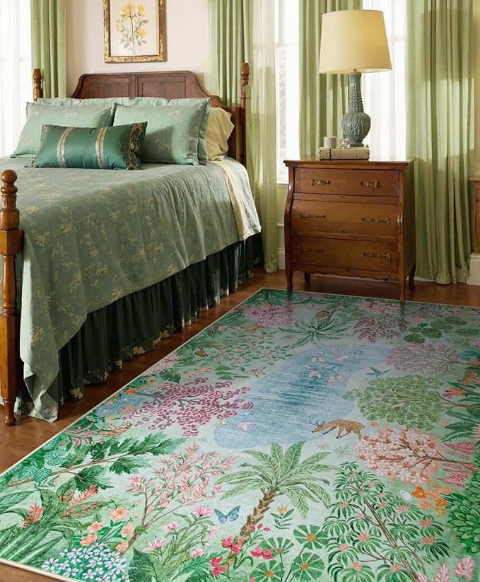 Lahome Spring Jungle Carpet, 5x7 Area Rugs for Bedroom Aesthetic Green Rugs for Living Room, Soft Machine Washable Seasonal Floral Non Slip Non Shedding Floor Carpet for Dorm Playroom Classroom Decor