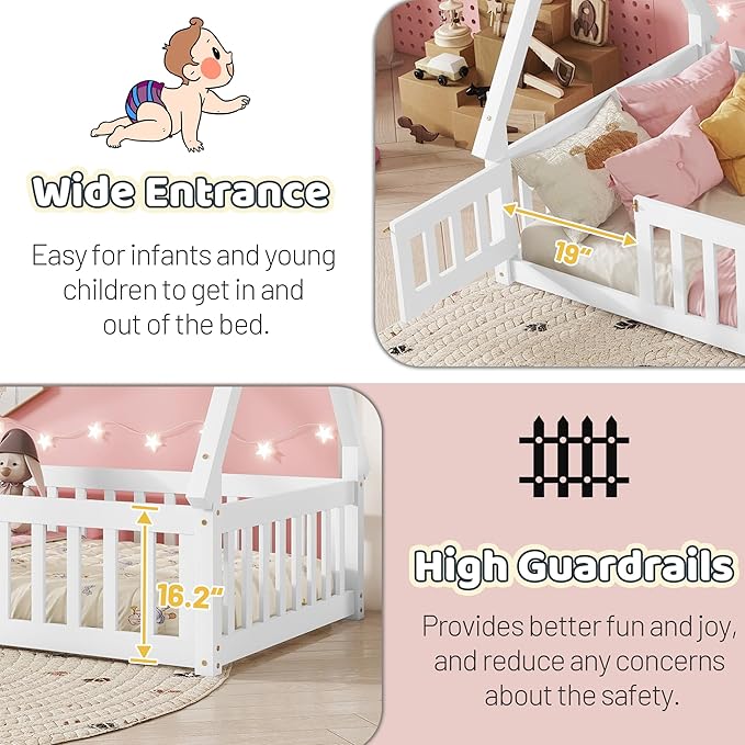 Twin House Bed Frame with Fence Rails and Door,Wood Montessori Floor Bed with Slats Support,Teepee Tent Beds Kids Bed Frames for Girls Boys, White