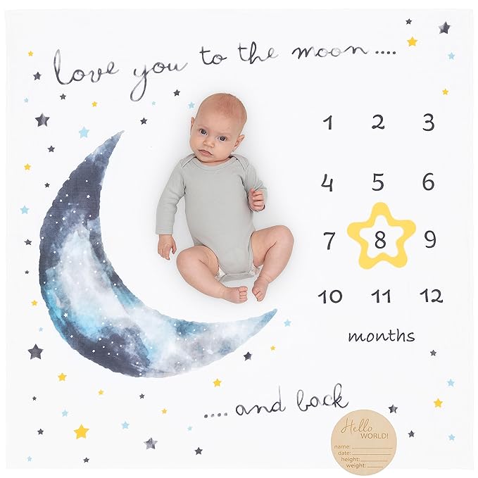 Organic Baby Monthly Milestone Blanket Boy - Love You to The Moon and Back Blanket for Boys, Growth Chart for 1-12 Months Milestones, Gender Neutral, 47”x47”