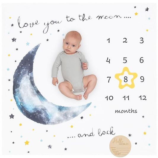 Organic Baby Monthly Milestone Blanket Boy - Love You to The Moon and Back Blanket for Boys, Growth Chart for 1-12 Months Milestones, Gender Neutral, 47”x47”