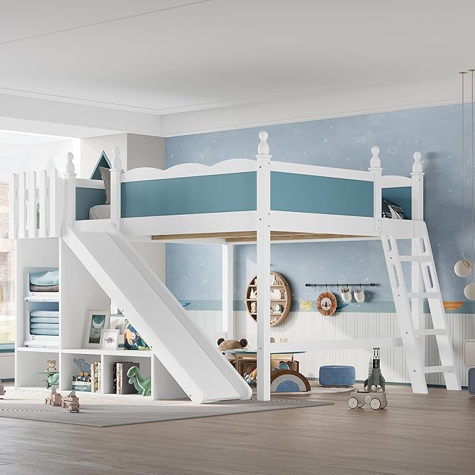 SOFTSEA Queen Size Loft Bed with Slide, Kids Loft Bed with Open Shelves and Cabinet, Playhouse Bed Frame with Detachable Slide and Ladder for Kids Boys, Blue + White