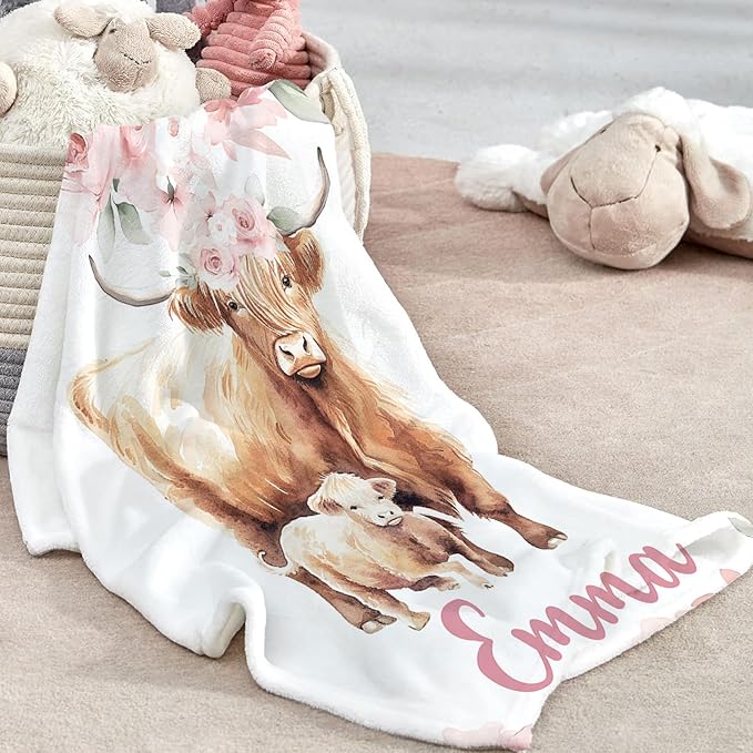 Custom Baby Crib Bedding Set - Pink Highland Cow Design Personalized Name Baby Nursery Bedding 3 Pcs Set - Chic Soft Blanket, Fitted Sheet, Room Rug for Newborns Boys Girls Gifts