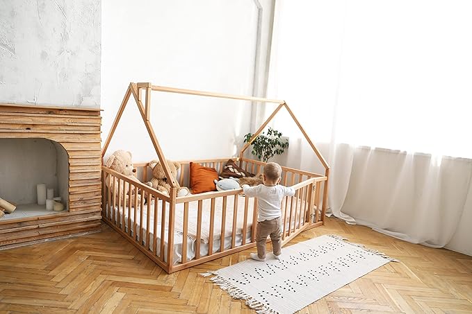 BUSY WOOD Montessori Bed with Railings - Floor Twin Bedframe for Toddlers 1-3 - Full Size Montessori Floor Bed, Queen, King, Small - 7 Colors (Model 17)