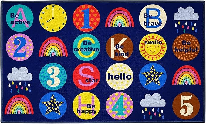 Education Classroom Rug Elementary Nylon Classroom Seating Carpet 7'5"x13' with 24 Seats Durable Blue Nursery Learning Rug for Preschool, Daycare, Playroom (Education, 7'6"x13'1")