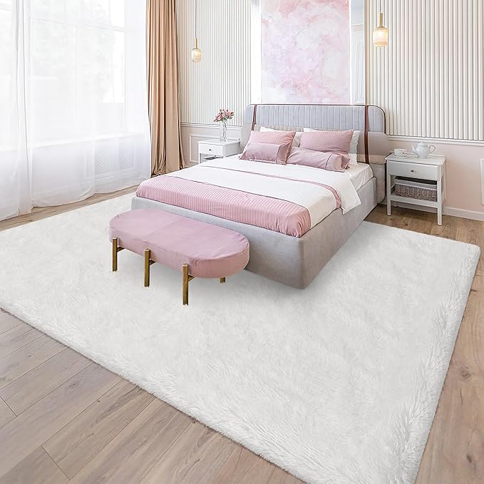 Fluffy White Area Rug for Living Room Bedroom Large Plush Area Rug 6x9 Shag Carpet for Kids Girls Boys Room, Soft White Fuzzy Rug for Nursery Playroom Dorm Bedside Home Decor Indoor