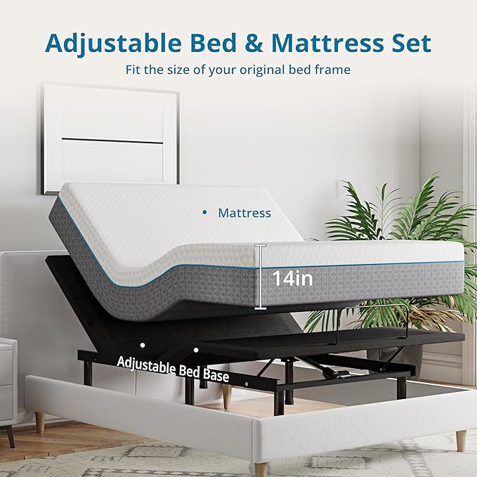 EGOHOME Twin XL Adjustable Bed Frame and 14 inch Charcoal Gel Memory Foam Mattress, Independent Head and Foot Incline with Massage Foldable Bed, Wireless Remote, Zero Gravity, No Headboard