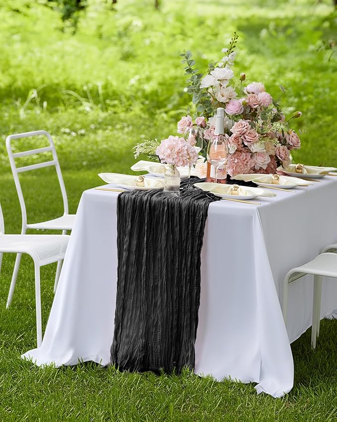 Pureegg 3-Pack Cheese Cloths Table Runner, 120'' Boho Table Cloth Decorations for Party, Baby Shower, Wedding and Farmhouse, Fabric Room Decor, Black