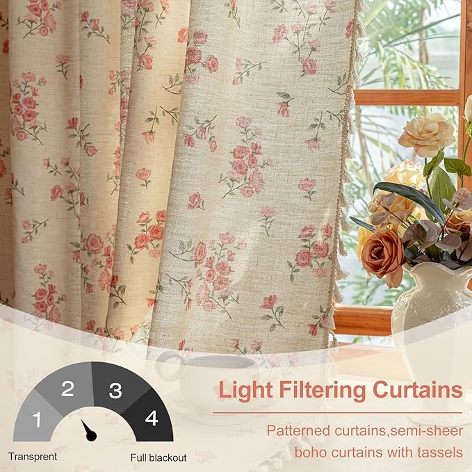 OYX Pink Boho Floral Curtains 84 Inch Long 2 panels, French Vintage Farmhouse Patterned Decor Window Drapes With Tassels, Girls Semi-Sheer Light Filtering For Bedroom Living Room (Rod Pocket, 52Wx84L)
