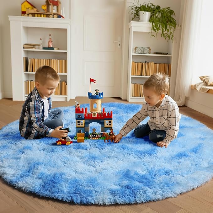 ONASAR Tie-Dye Blue Round Area Rug 4x4, Soft Bedroom Circle Rugs Floor Mats for Kids Girls Teen Room, Kawaii Fluffy Plush Shaggy Carpet for Baby Nursery Living Room Playroom Home Decor