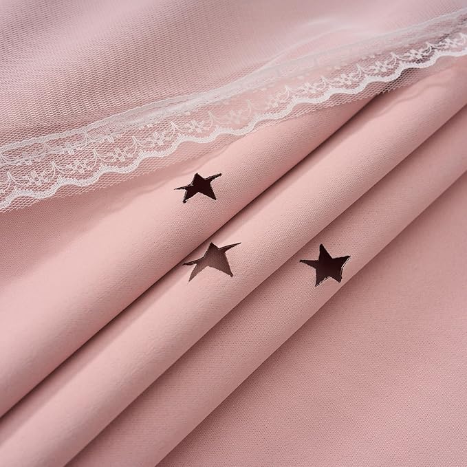 Light Pink Blackout Curtains for Girls Bedroom - Aesthetic Star Cutout Double Layer with White Sheer Overlay, 72 Inch Length 1 Panel Cute Curtain Baby Nursery Toddler Room Decor Drapes