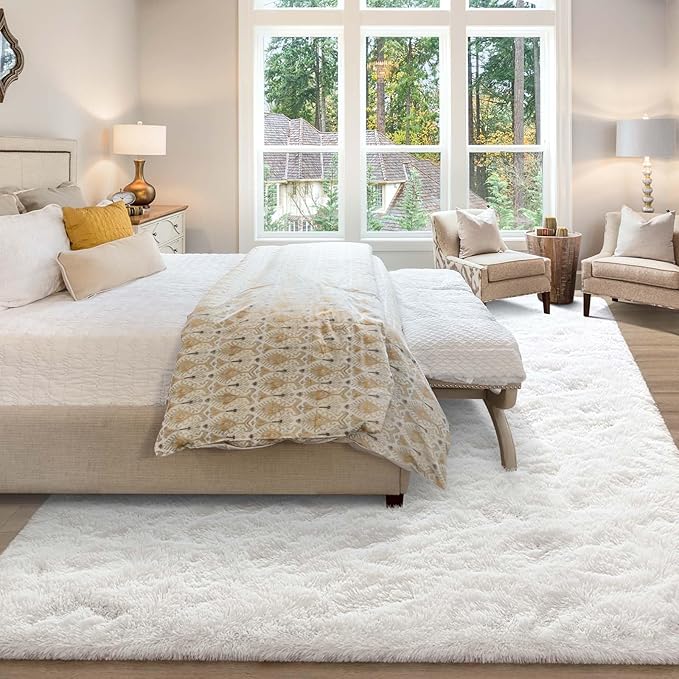 Merelax Soft Modern Indoor Large Shaggy Rug for Livingroom Bedroom Dorm Kids Room Home Decor, Non-Slip Plush Fluffy Furry Fur Area Rugs Comfy Nursery Accent Floor Carpet 9x12 Feet, Ivory