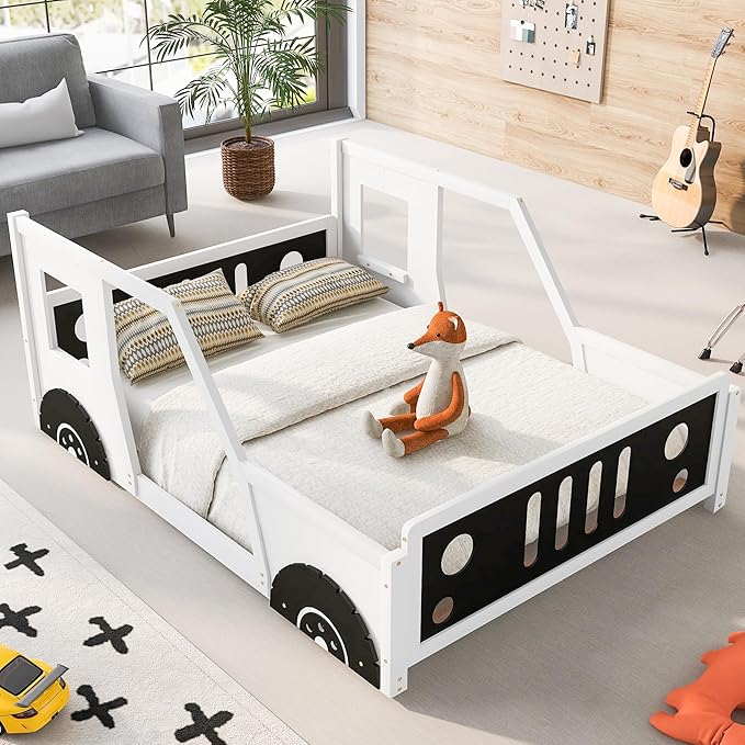 Full Size Car-Shaped Kids Bed with Headboard & Footboard and 4 Side Rails, Race Car Montessori Bed for Boys & Girls, White