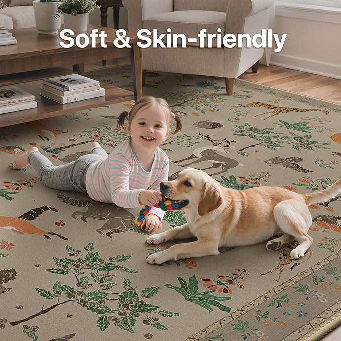 Washable Rugs 8x10 Rug for Living Room,Floral Animal Print Area Rug, Non Slip Low Pile Carpet for Bedroom, Dining Room, Nursery,Playroom, Light Taupe