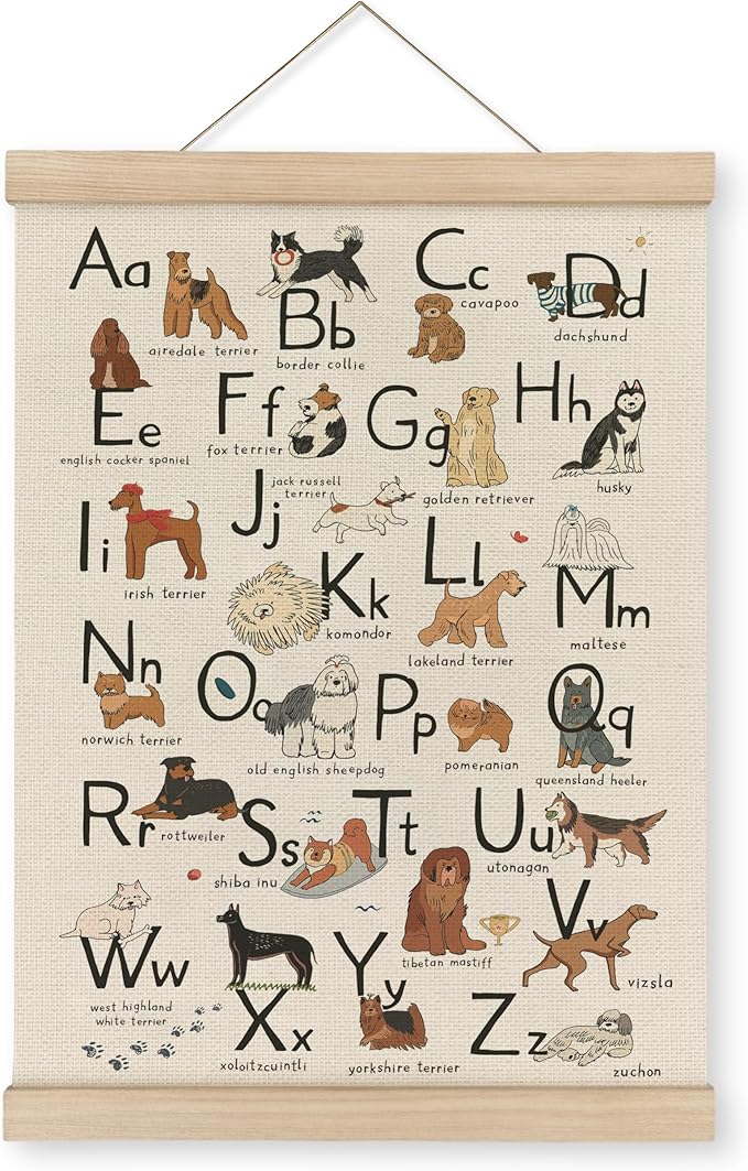 MAQIKA ABC Alphabet Chart Dog Poster Framed with Wood Hanger,Alphabet Banner, Alphabet Abc Poster for Toddlers,Kids Abc Hanging Wall Decor,Dog Breed Canvas Wall Art Paints for Classroom Nursery 12x16