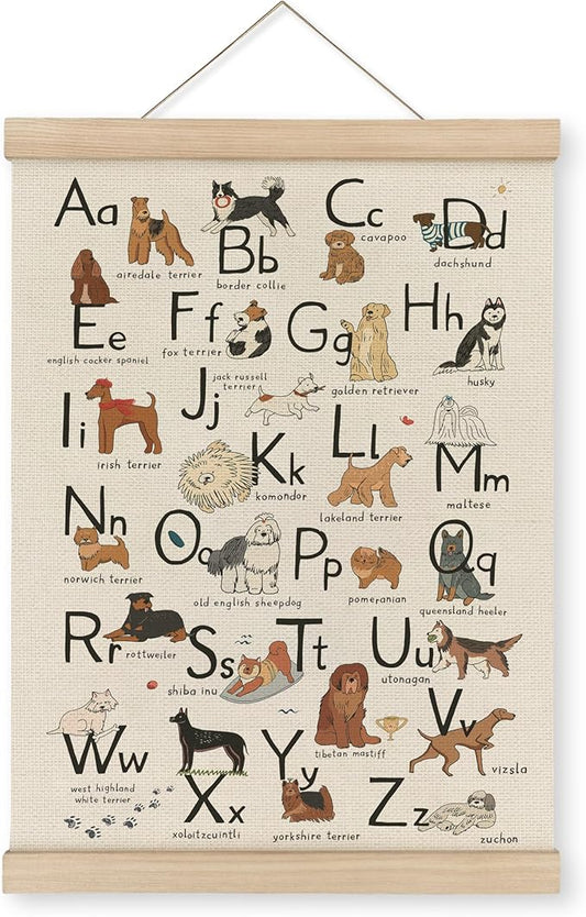 MAQIKA ABC Alphabet Chart Dog Poster Framed with Wood Hanger,Alphabet Banner, Alphabet Abc Poster for Toddlers,Kids Abc Hanging Wall Decor,Dog Breed Canvas Wall Art Paints for Classroom Nursery 12x16