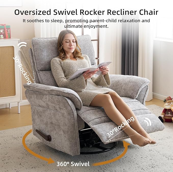 Oversized Glider Rocker Recliner, 26" Extra Wide 360° Swivel Nursery Recliner with Adjustable Headrest, Chenille Rocking Nursery Chair with Overstuffed Armrest, Lumbar Support, Light Grey
