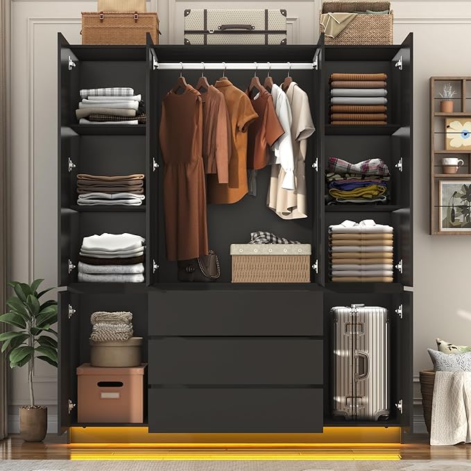 4 Doors Armoire Wardrobe Closet with 3 Drawers & Mirror, Modern Wooden Bedroom Armoires with Hanging Rod Led Lights for Bedroom, Black