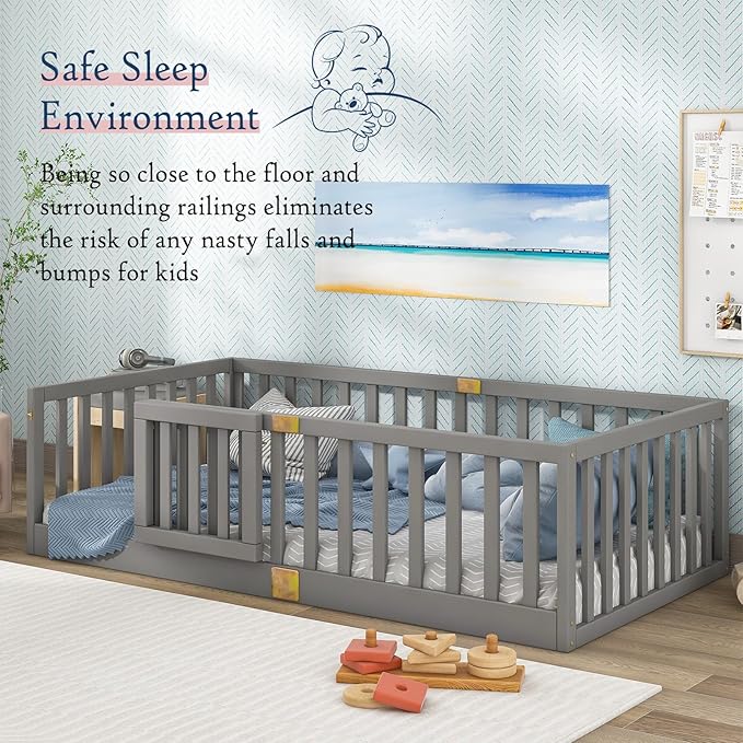 Tatub Twin Montessori Floor Bed with High Rails, Solid Wood Montessori Bed Frame for Kids, Door Can Install Left and Right, Twin-Grey
