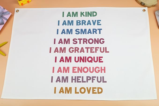 Boho Rectangular Banner Flag Wall Sign Decor Gift for Baby Boy Girl Kids,Positive Nursery Classroom Above Crib Bedroom Playroom Reading Room Essential Wall Decor- Christmas Gift I am Kind I am Brave