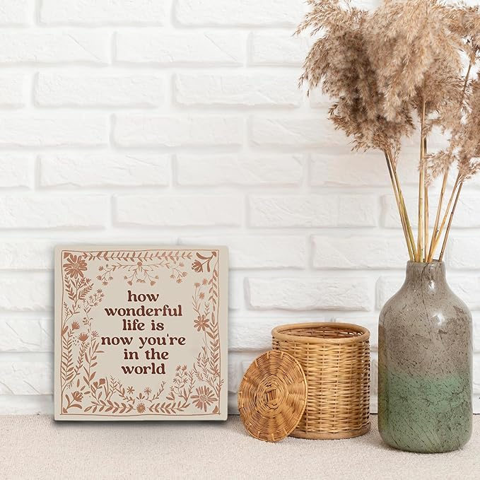 How Wonderful Life Is Now You're In The World Wooden Box Sign 5x5 Inch,Boho Floral Sign For Nursery Kids Boy Girl Newborn Teen Bedroom Home Shelf Table Decor