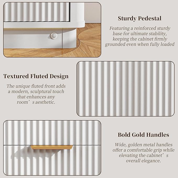 Fluted Dresser for Bedroom with 6 Drawers, 54" Wide Modern Chest of Drawers with Lighting, Wooden Dresser TV Stand with Curved Edges, Closet Organizer for Living Room, Hallway,White
