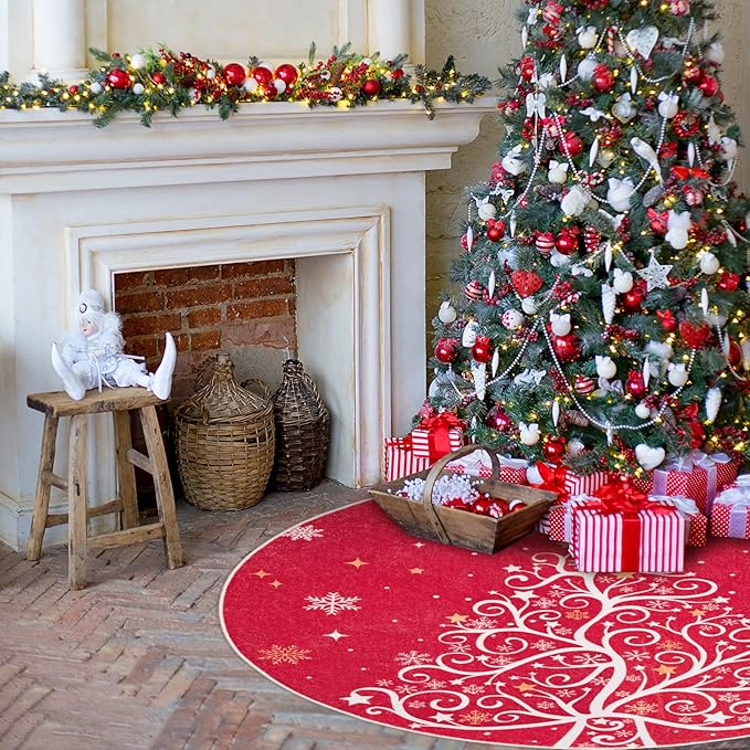 6' Machine Washable Christmas Round Area Rug, Non-Slip Vintage Floral Circle Floor Rugs for Kids, Low Pile Room Carpet for Living Room, Bedroom, Dining Room & Nursery(6' Christmas Tree)