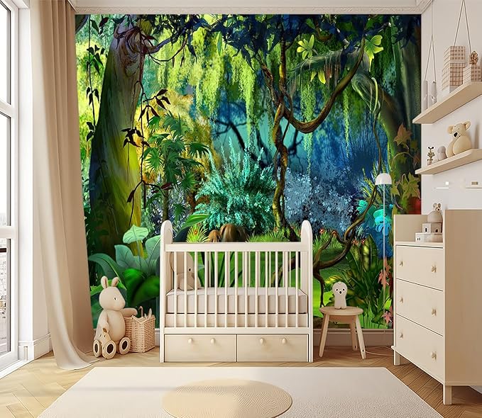 XMPMBM-Cartoon Plant Dreamy Forest Fabric Wallpaper Botanical Woodland Nursery Room Wall Mural-W 132" X H 92"（93 Square Foot）