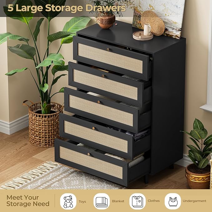 AOGLLATI Black Rattan Dresser for Bedroom with 5 Drawer, Modern Double Wooden Tall Bedroom Dresser, Chest of Drawers with Metal Handle & Solid Wood Legs for Bedroom/Living Room, Black