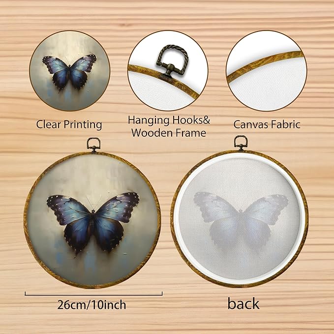 Hiuwevt Vintage Moody Purple Butterfly Round Wall Art Decor, Retro Rustic Butterfly Framed Canvas Prints, Cottagecore Insect Round Wall Hanging Decor for Home Bedroom Decorations, 10x10 Inches