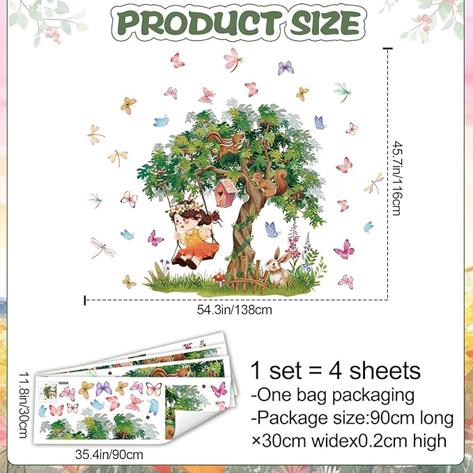 Amaonm Large Whimsical Tree Wall Decal with Woodland Animals, Birds, and Butterflies, Watercolor Green Tree Wall Sticker Decor for Girls Kids Bedroom Living Room Nursery Decoration (B)